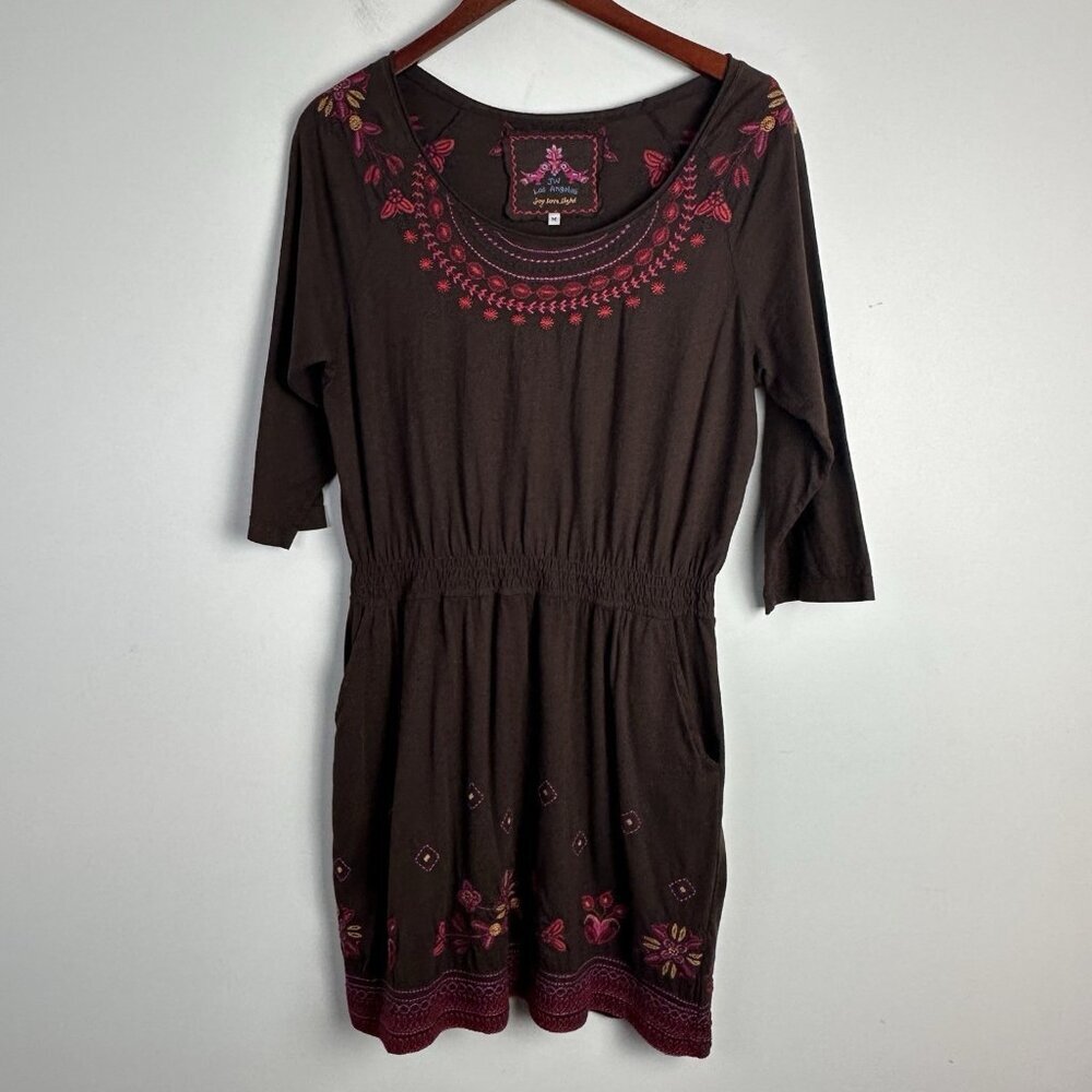 Johnny Was JW Los Angeles Cotton Jersey Knit Mini Dress M Embroidered 3/4 Sleeve